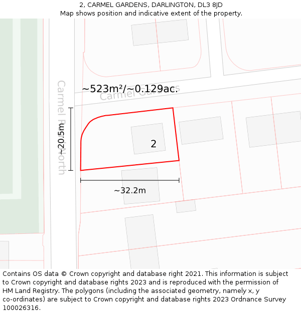 2, CARMEL GARDENS, DARLINGTON, DL3 8JD: Plot and title map