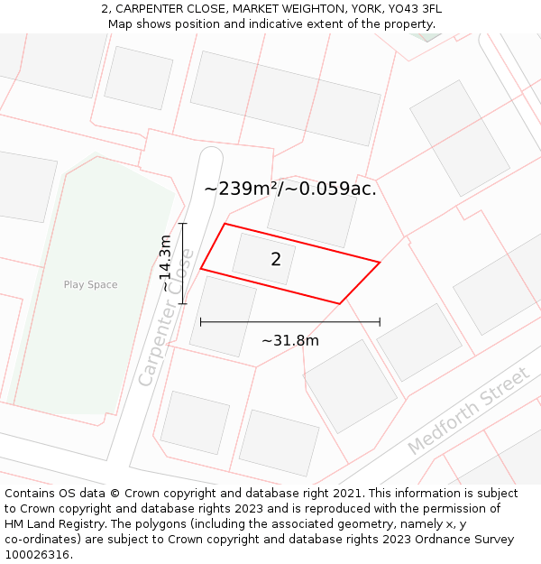 2, CARPENTER CLOSE, MARKET WEIGHTON, YORK, YO43 3FL: Plot and title map