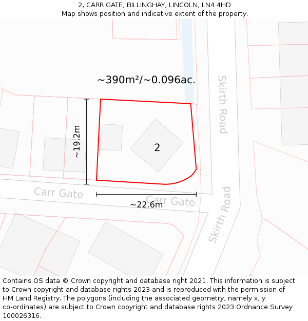 2, CARR GATE, BILLINGHAY, LINCOLN, LN4 4HD: Plot and title map