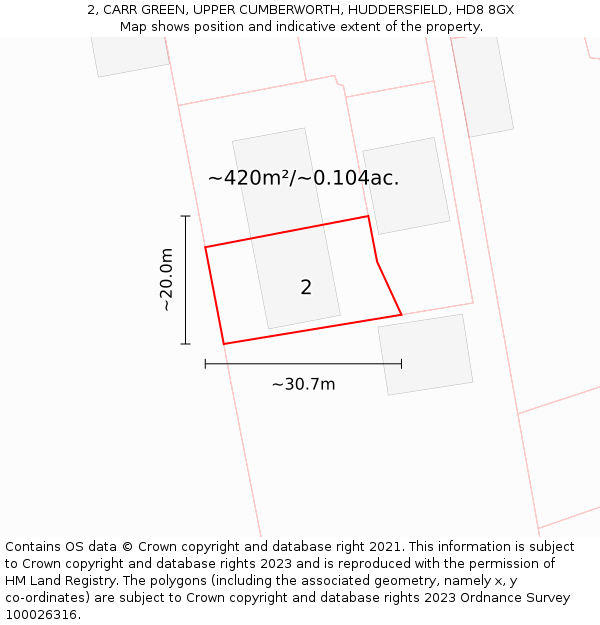 2, CARR GREEN, UPPER CUMBERWORTH, HUDDERSFIELD, HD8 8GX: Plot and title map