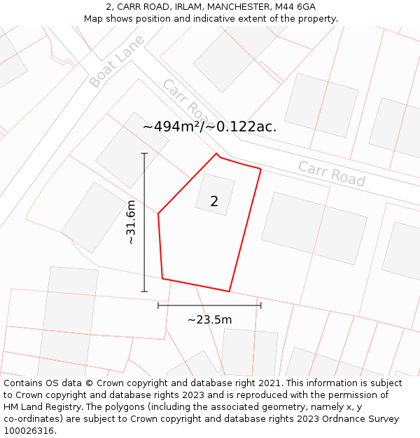 2, CARR ROAD, IRLAM, MANCHESTER, M44 6GA: Plot and title map