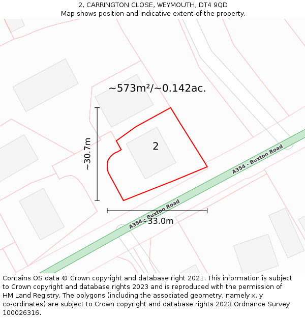 2, CARRINGTON CLOSE, WEYMOUTH, DT4 9QD: Plot and title map