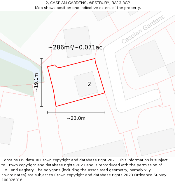 2, CASPIAN GARDENS, WESTBURY, BA13 3GP: Plot and title map