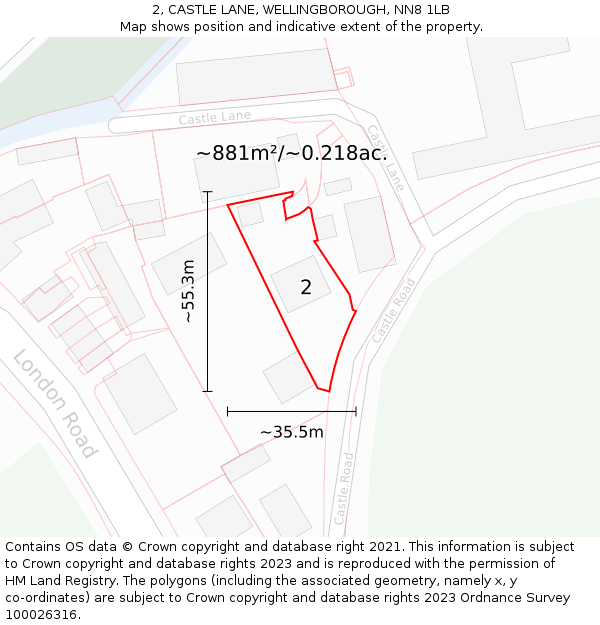 2, CASTLE LANE, WELLINGBOROUGH, NN8 1LB: Plot and title map