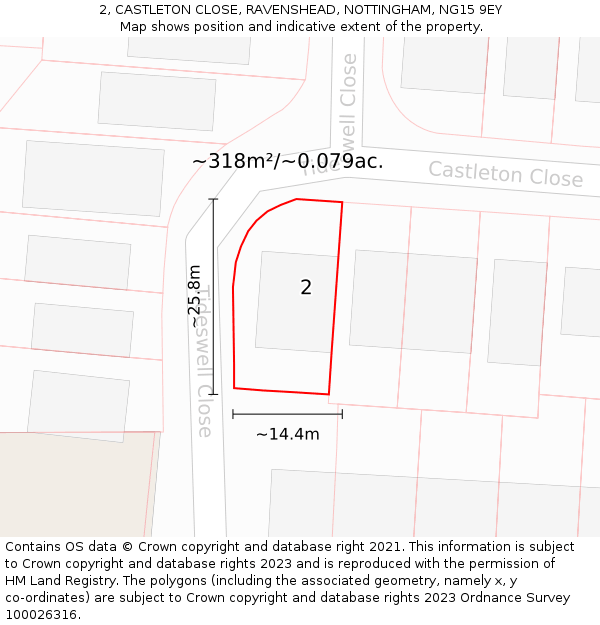 2, CASTLETON CLOSE, RAVENSHEAD, NOTTINGHAM, NG15 9EY: Plot and title map