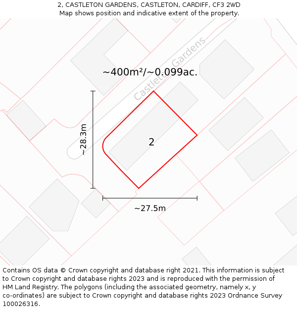 2, CASTLETON GARDENS, CASTLETON, CARDIFF, CF3 2WD: Plot and title map