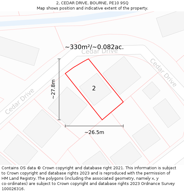 2, CEDAR DRIVE, BOURNE, PE10 9SQ: Plot and title map