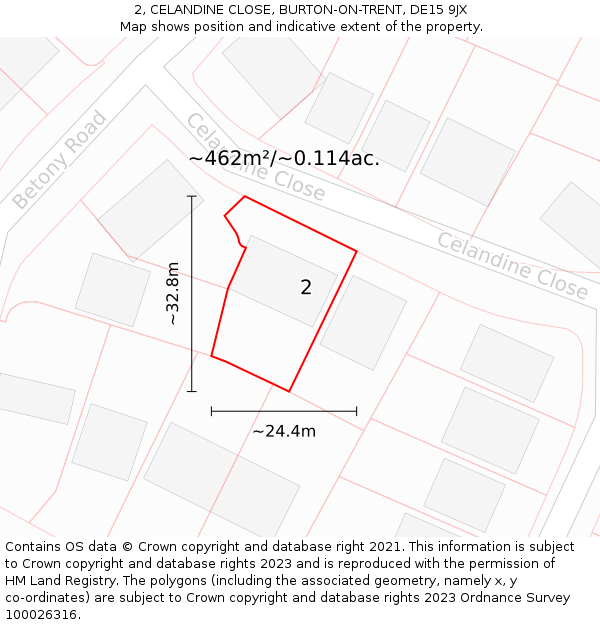 2, CELANDINE CLOSE, BURTON-ON-TRENT, DE15 9JX: Plot and title map