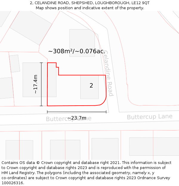 2, CELANDINE ROAD, SHEPSHED, LOUGHBOROUGH, LE12 9QT: Plot and title map