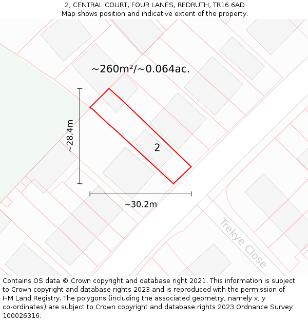 2, CENTRAL COURT, FOUR LANES, REDRUTH, TR16 6AD: Plot and title map