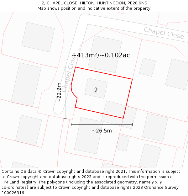 2, CHAPEL CLOSE, HILTON, HUNTINGDON, PE28 9NS: Plot and title map