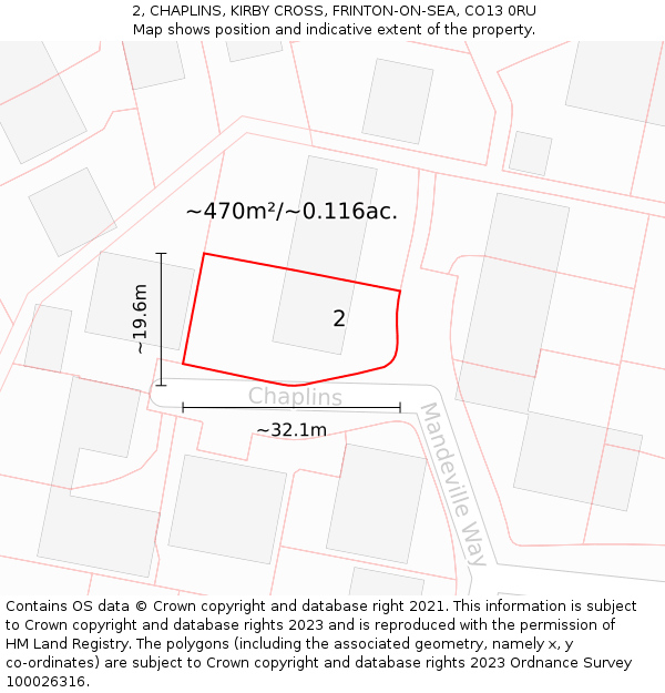 2, CHAPLINS, KIRBY CROSS, FRINTON-ON-SEA, CO13 0RU: Plot and title map