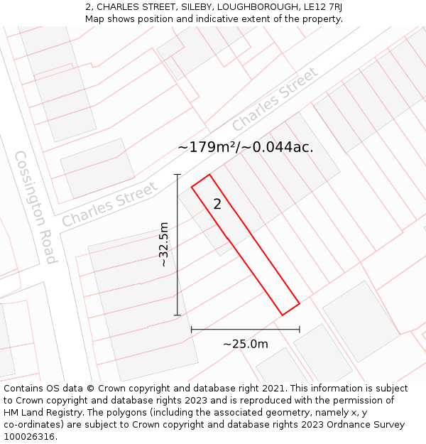 2, CHARLES STREET, SILEBY, LOUGHBOROUGH, LE12 7RJ: Plot and title map