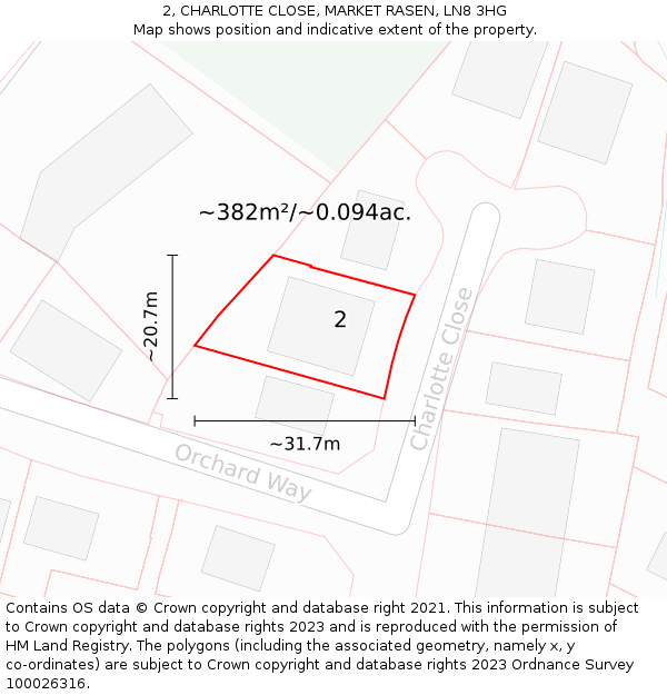 2, CHARLOTTE CLOSE, MARKET RASEN, LN8 3HG: Plot and title map