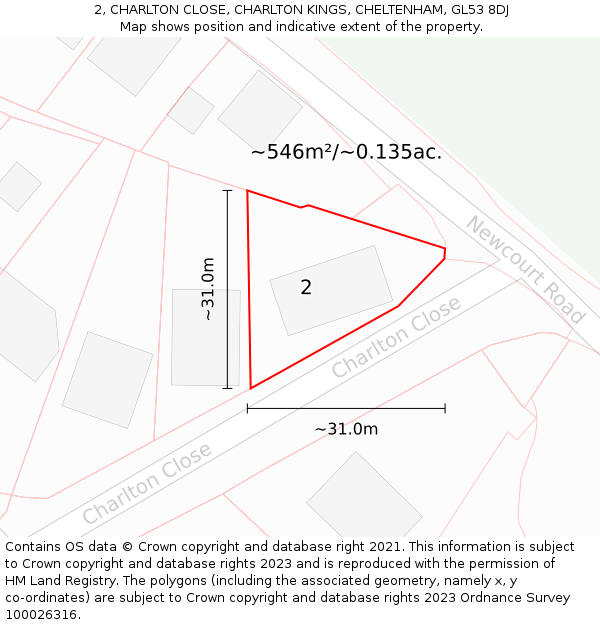 2, CHARLTON CLOSE, CHARLTON KINGS, CHELTENHAM, GL53 8DJ: Plot and title map