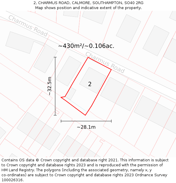 2, CHARMUS ROAD, CALMORE, SOUTHAMPTON, SO40 2RG: Plot and title map