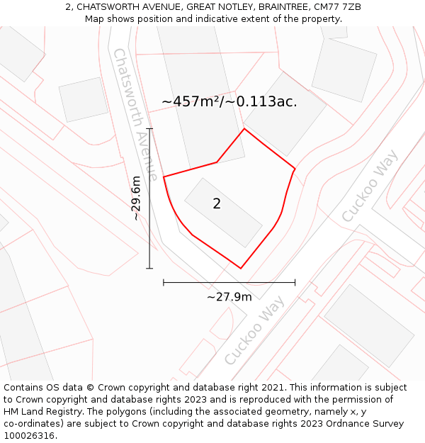 2, CHATSWORTH AVENUE, GREAT NOTLEY, BRAINTREE, CM77 7ZB: Plot and title map