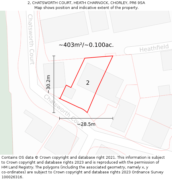 2, CHATSWORTH COURT, HEATH CHARNOCK, CHORLEY, PR6 9SA: Plot and title map