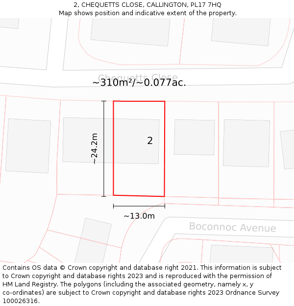 2, CHEQUETTS CLOSE, CALLINGTON, PL17 7HQ: Plot and title map