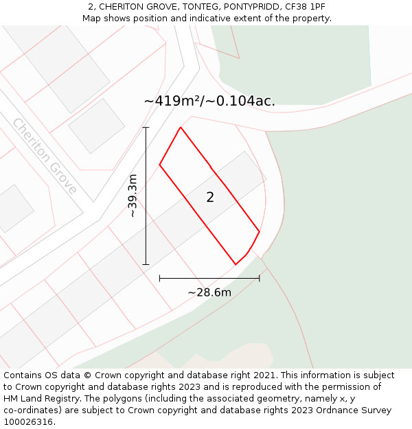 2, CHERITON GROVE, TONTEG, PONTYPRIDD, CF38 1PF: Plot and title map