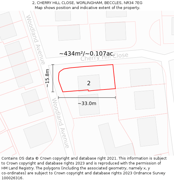 2, CHERRY HILL CLOSE, WORLINGHAM, BECCLES, NR34 7EG: Plot and title map