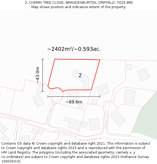 2, CHERRY TREE CLOSE, BRANDESBURTON, DRIFFIELD, YO25 8RE: Plot and title map