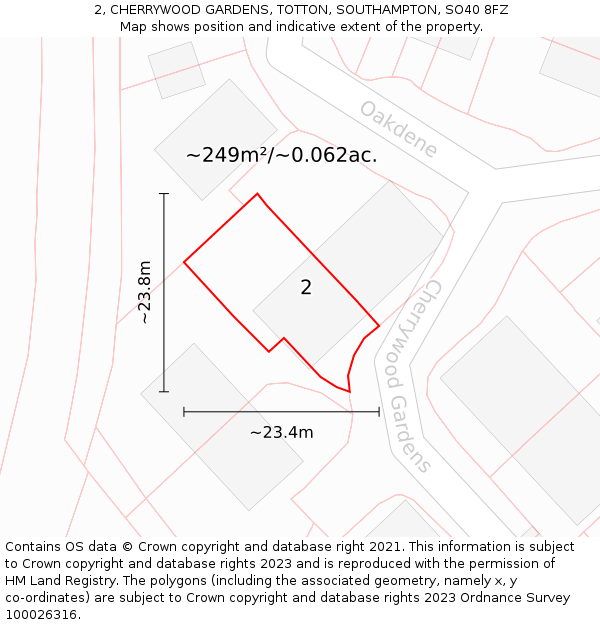 2, CHERRYWOOD GARDENS, TOTTON, SOUTHAMPTON, SO40 8FZ: Plot and title map