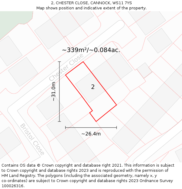 2, CHESTER CLOSE, CANNOCK, WS11 7YS: Plot and title map