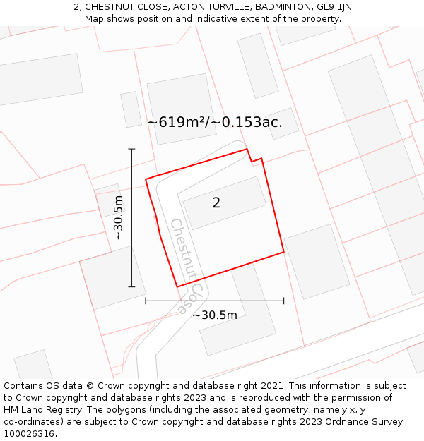 2, CHESTNUT CLOSE, ACTON TURVILLE, BADMINTON, GL9 1JN: Plot and title map