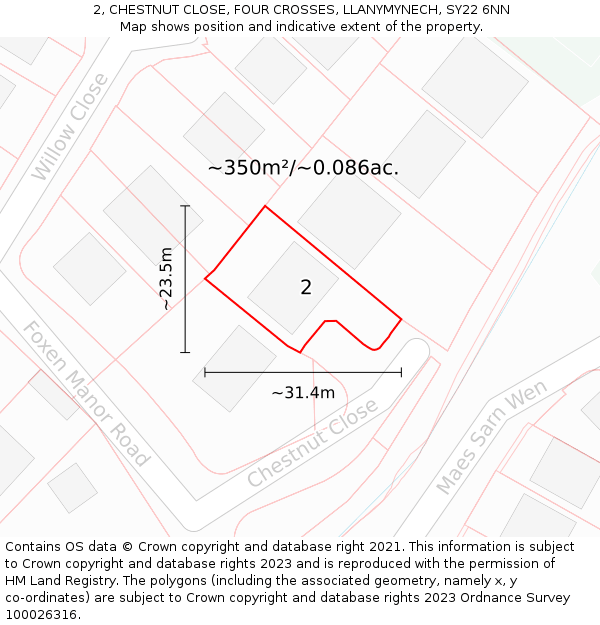 2, CHESTNUT CLOSE, FOUR CROSSES, LLANYMYNECH, SY22 6NN: Plot and title map