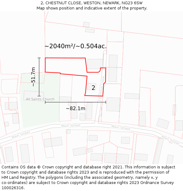 2, CHESTNUT CLOSE, WESTON, NEWARK, NG23 6SW: Plot and title map