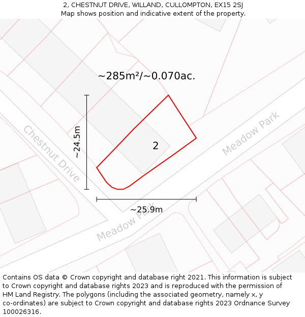 2, CHESTNUT DRIVE, WILLAND, CULLOMPTON, EX15 2SJ: Plot and title map