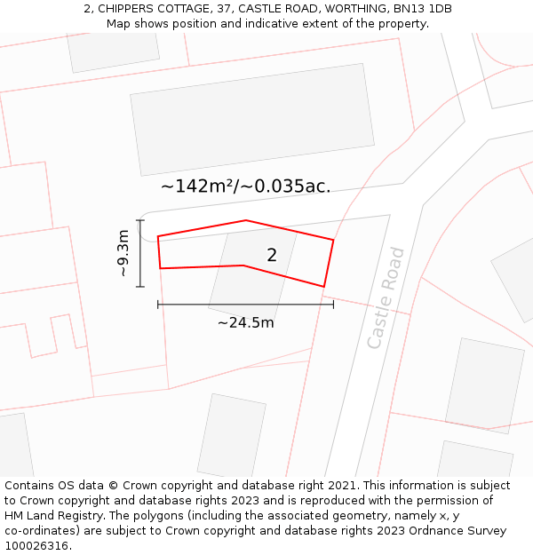 2, CHIPPERS COTTAGE, 37, CASTLE ROAD, WORTHING, BN13 1DB: Plot and title map
