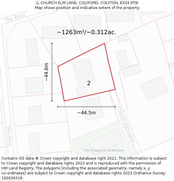 2, CHURCH ELM LANE, COLYFORD, COLYTON, EX24 6TW: Plot and title map