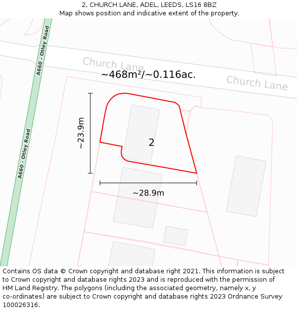 2, CHURCH LANE, ADEL, LEEDS, LS16 8BZ: Plot and title map