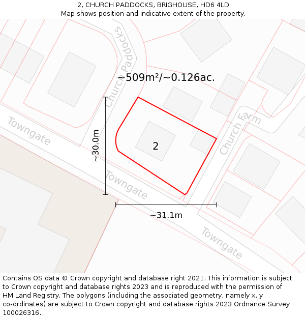 2, CHURCH PADDOCKS, BRIGHOUSE, HD6 4LD: Plot and title map