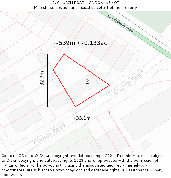 2, CHURCH ROAD, LONDON, N6 4QT: Plot and title map