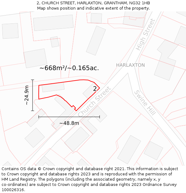 2, CHURCH STREET, HARLAXTON, GRANTHAM, NG32 1HB: Plot and title map