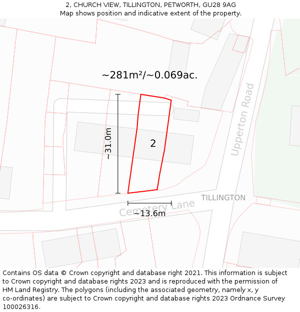 2, CHURCH VIEW, TILLINGTON, PETWORTH, GU28 9AG: Plot and title map