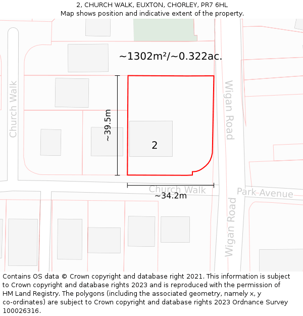 2, CHURCH WALK, EUXTON, CHORLEY, PR7 6HL: Plot and title map