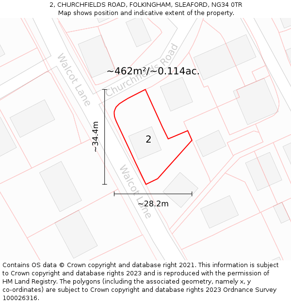 2, CHURCHFIELDS ROAD, FOLKINGHAM, SLEAFORD, NG34 0TR: Plot and title map