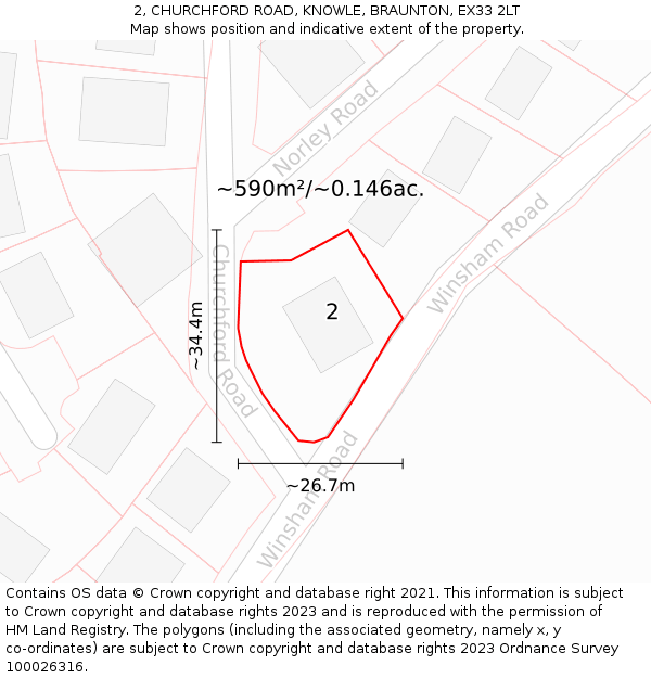 2, CHURCHFORD ROAD, KNOWLE, BRAUNTON, EX33 2LT: Plot and title map