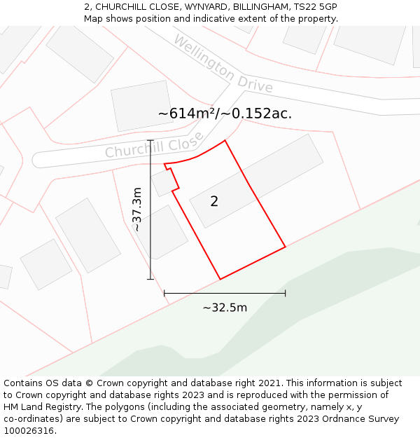 2, CHURCHILL CLOSE, WYNYARD, BILLINGHAM, TS22 5GP: Plot and title map