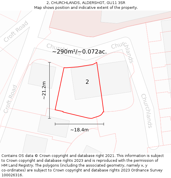 2, CHURCHLANDS, ALDERSHOT, GU11 3SR: Plot and title map