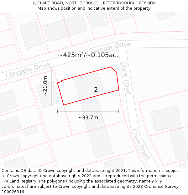 2, CLARE ROAD, NORTHBOROUGH, PETERBOROUGH, PE6 9DN: Plot and title map