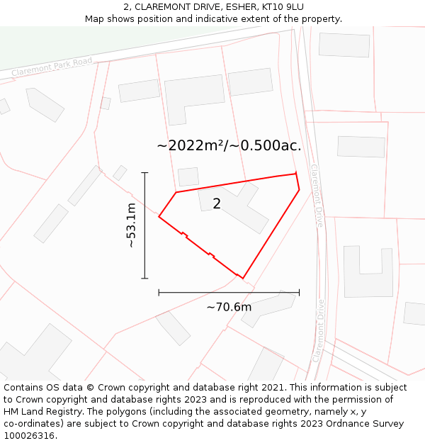 2, CLAREMONT DRIVE, ESHER, KT10 9LU: Plot and title map