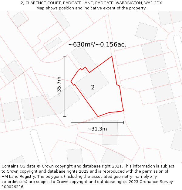 2, CLARENCE COURT, PADGATE LANE, PADGATE, WARRINGTON, WA1 3DX: Plot and title map