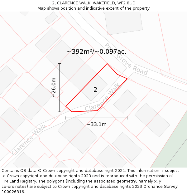 2, CLARENCE WALK, WAKEFIELD, WF2 8UD: Plot and title map