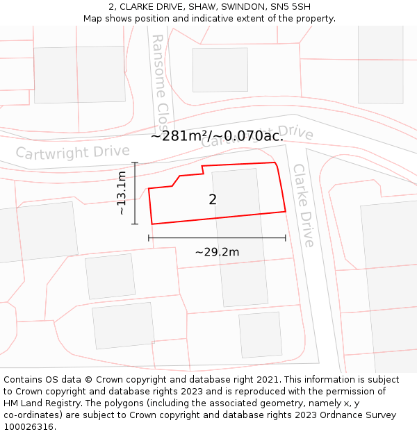 2, CLARKE DRIVE, SHAW, SWINDON, SN5 5SH: Plot and title map