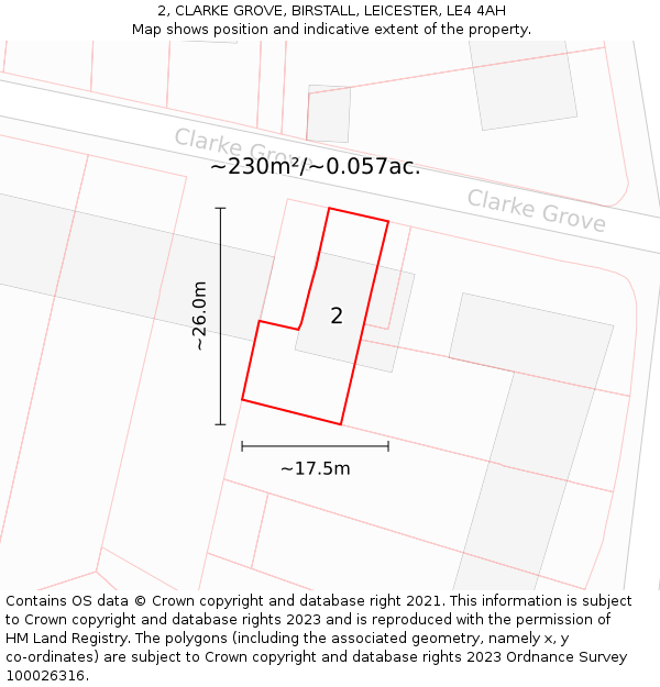 2, CLARKE GROVE, BIRSTALL, LEICESTER, LE4 4AH: Plot and title map